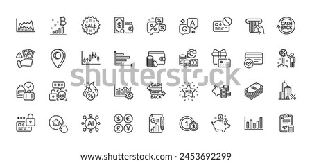 Report document, Cashback and Lock line icons pack. AI, Question and Answer, Map pin icons. Gift card, Column chart, Card web icon. Hot loan, Operational excellence, Mortgage pictogram. Vector