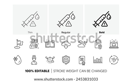 Report diagram, Windy weather and Dice line icons. Pack of Best manager, Manual, Wind energy icon. Freezing water, Biometric security, Vaccine attention pictogram. Doctor, Qr code, Milestone. Vector