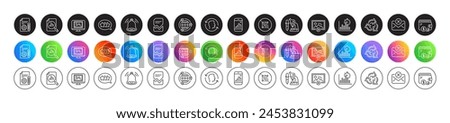 Reject mail, Stars and Bell alert line icons. Round icon gradient buttons. Pack of Analytics graph, Face id, Wallet icon. Graph phone, Report timer, Recycle pictogram. Vector