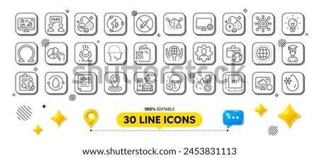 Face scanning, Global business and Difficult stress line icons pack. 3d design elements. Professional, Omega, Monitor settings web icon. Pie chart, Fake information, Framework pictogram. Vector