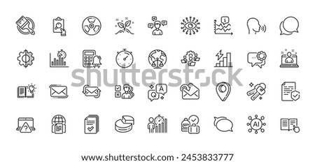 Consumption growth, Talk bubble and Calculator alarm line icons pack. AI, Question and Answer, Map pin icons. Transform, Artificial intelligence, Timer web icon. Vector