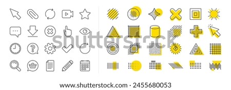 Question, Chat and Pencil icons. Design shape elements. Document, Time, Calendar line icons. Cogwheel, Download calendar document, Attach clip. Mouse cursor, Magnifier and Shopping cart. Vector