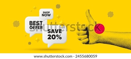 Hand showing thumb up like sign. Save 20 percent off tag. Sale Discount offer price sign. Special offer symbol. Discount chat box 3d message. Grain dots hand. Like thumb up sign. Best offer. Vector