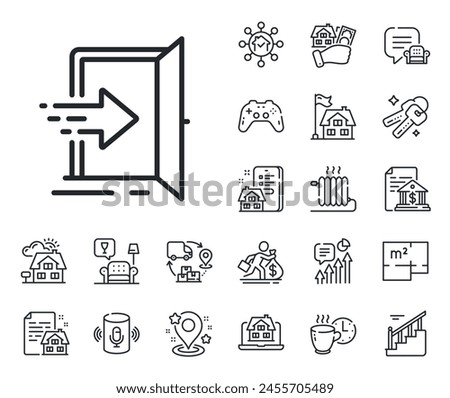 Entry door sign. Floor plan, stairs and lounge room outline icons. Entrance line icon. Building exit symbol. Entrance line sign. House mortgage, sell building icon. Real estate. Vector