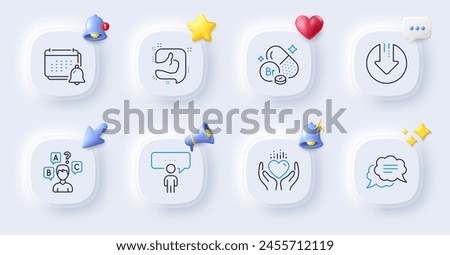 Hold heart, Text message and Quiz test line icons. Buttons with 3d bell, chat speech, cursor. Pack of Consulting business, Like, Notification icon. Download arrow, Bromine mineral pictogram. Vector