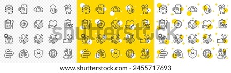 Outline Face detect, Intestine and Medical support line icons pack for web with Folate vitamin, Rubber gloves, Myopia line icon. Lungs, 24 hours, Checklist pictogram icon. Thermometer. Vector