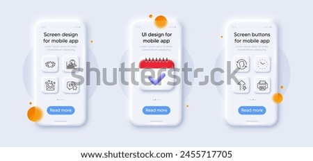 Search, Time and Face id line icons pack. 3d phone mockups with calendar. Glass smartphone screen. English, Print image, Love mail web icon. Star, Energy growing pictogram. Vector