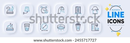 Alarm, Ice tea and Takeaway coffee line icons for web app. Pack of Wall lamp, Night mattress, Stand lamp pictogram icons. Mattress, Circle area, Coffee machine signs. Door. Night clock. Vector