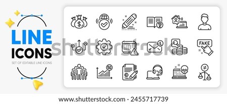 Check investment, Correct way and Execute line icons set for app include Work home, Copywriting, Help outline thin icon. Inspect, Brand contract, Discrimination pictogram icon. Group. Vector