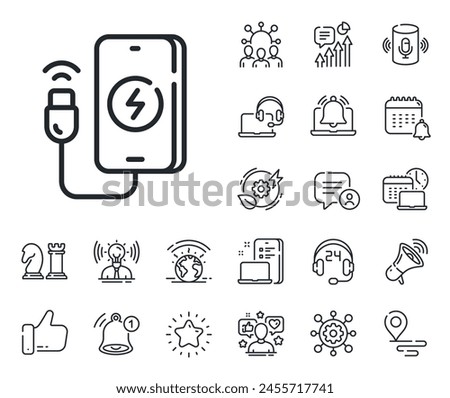 Mobile accessories sign. Place location, technology and smart speaker outline icons. Phone charging line icon. Charge device symbol. Phone charging line sign. Influencer, brand ambassador icon. Vector