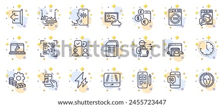 Outline set of People voting, Currency rate and Voicemail line icons for web app. Include Phone code, Dryer machine, Food delivery pictogram icons. Electricity, Washing machine. Vector