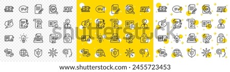 Set of Copyright protection, Signature and Feedback icons. Copywriting book line icons. Typewriter, Idea and message copywriting. Write book, legal copyright, content author. Light bulb. Vector