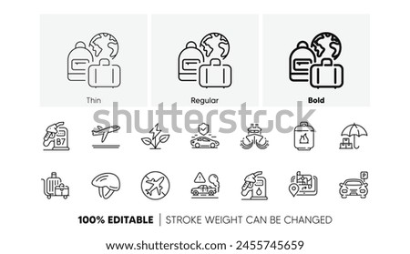 Gas cylinder, Baggage and Petrol station line icons. Pack of Airplane mode, Ship, Transport insurance icon. Delivery service, Departure plane, Parking pictogram. Exhaust, Diesel station. Vector
