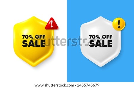 Sale 70 percent off discount. Shield 3d banner with text box. Promotion price offer sign. Retail badge symbol. Sale chat protect message. Shield speech bubble banner. Danger alert icon. Vector
