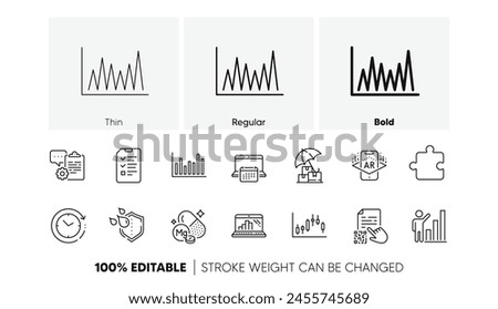 Clipboard, Augmented reality and Calendar line icons. Pack of Graph laptop, Bar diagram, Puzzle icon. Graph chart, Waterproof, Delivery insurance pictogram. Time change, Qr code, Interview. Vector