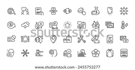 Dollar exchange, Electricity power and Ssd line icons pack. AI, Question and Answer, Map pin icons. Shopping, Hoody, Approved document web icon. Fake document, Dislike, Cashback pictogram. Vector