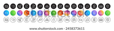 Green energy, Attention and Whistle line icons. Round icon gradient buttons. Pack of Flexible mattress, Valet servant, Truck delivery icon. Oil barrel, Warning message, Sleep pictogram. Vector