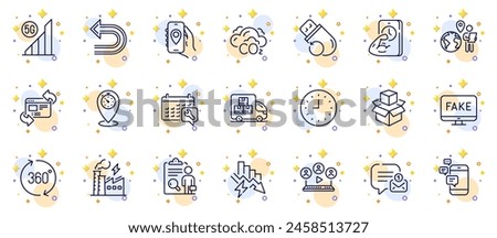 Outline set of Refresh website, Location app and Outsource work line icons for web app. Include Fake news, Spanner, Clock pictogram icons. Timer, Electricity factory, Packing boxes signs. Vector