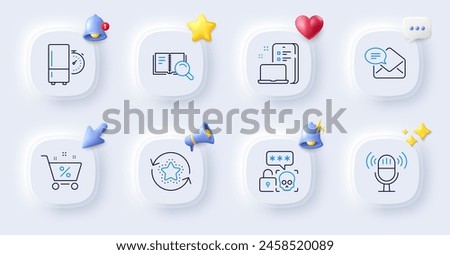 New mail, Device and Refrigerator timer line icons. Buttons with 3d bell, chat speech, cursor. Pack of Cyber attack, Loyalty points, Microphone icon. Loan percent, Search book pictogram. Vector