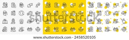 Outline Analysis graph, Ranking and Restaurant app line icons pack for web with Volunteer, Face id, Group people line icon. Heart rating, Yoga, Fishing place pictogram icon. Vector