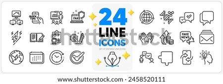 Icons set of Lightning bolt, Fake news and Time change line icons pack for app with Inflation, Puzzle, Feedback thin outline icon. Inspect, Phone transfer, Education pictogram. Vector