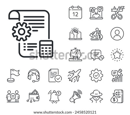 Engineering cogwheel tool sign. Salaryman, gender equality and alert bell outline icons. Settings blueprint line icon. Cog gear symbol. Settings blueprint line sign. Vector