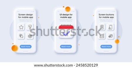 Lock, Checklist and Idea line icons pack. 3d phone mockups with calendar. Glass smartphone screen. Table lamp, Packing boxes, Star web icon. Return package, Open mail pictogram. Vector