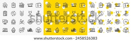 Outline Time hourglass, Clipboard and Cashback line icons pack for web with Cyber attack, Banking money, Dollar wallet line icon. Internet chat, Search, Grow plant pictogram icon. Cake. Vector