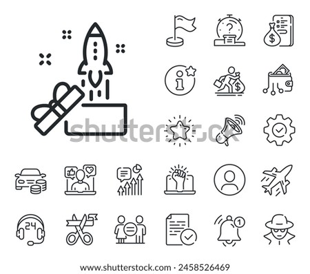 Launch Project sign. Salaryman, gender equality and alert bell outline icons. Out of the box line icon. Startup symbol. Innovation line sign. Spy or profile placeholder icon. Vector