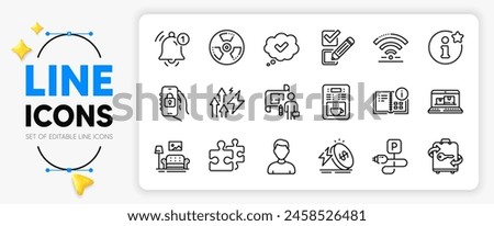 Chemical hazard, Approved and Charging parking line icons set for app include Instruction info, Puzzle, Reminder outline thin icon. Energy inflation, Furniture, Info pictogram icon. Vector