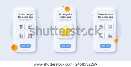 Package size, Box size and Package location line icons pack. 3d phone mockups with star. Glass smartphone screen. Typewriter, Save planet, Triangle area web icon. Vector