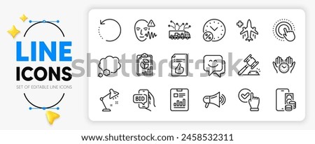 Loan percent, Truck delivery and Report document line icons set for app include Approved document, Bid offer, Talk bubble outline thin icon. Megaphone, Report, Phone pay pictogram icon. Vector