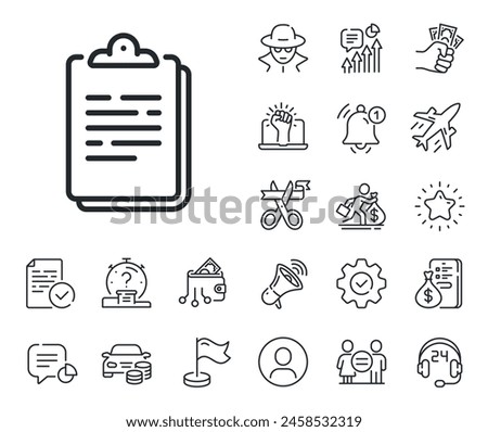 Agreement file sign. Salaryman, gender equality and alert bell outline icons. Clipboard document line icon. Survey record symbol. Clipboard line sign. Spy or profile placeholder icon. Vector