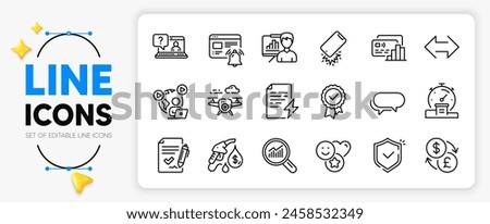 Presentation board, Card and Power certificate line icons set for app include Tested stamp, Internet notification, Faq outline thin icon. Petrol station, Video conference. Vector