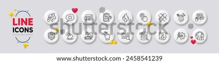 Squad, Dice and Internet warning line icons. White buttons 3d icons. Pack of Loyalty star, Search calendar, Cursor icon. Analytics chart, Flammable fuel, Dirty water pictogram. Vector