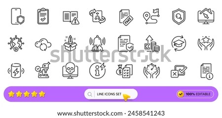 Checklist, Power info and Charge battery line icons for web app. Pack of Inspect, Technical algorithm, Phone protect pictogram icons. Fake news, Continuing education, Manual signs. Search bar. Vector