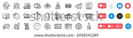 Food delivery, Alcohol free and Heart line icons pack. Social media icons. Certificate, Dress, Co2 web icon. Carousels, Touch screen, Timer pictogram. Quick tips, Microscope, Start business. Vector