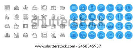 Armchair, Street light and Lighthouse line icons pack. Floor plan, Door, Sports arena web icon. Square area, Entrance, Package size pictogram. Open door, Garage, Hospital building. Vector