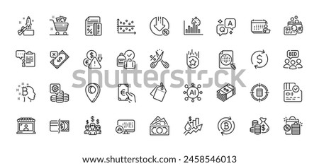 Report timer, Auction and Inspect line icons pack. AI, Question and Answer, Map pin icons. Card, Rejected payment, Dollar exchange web icon. Vector
