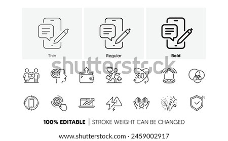 Cogwheel settings, Lightning bolt and Wallet line icons. Pack of Smartphone target, Writer, Bell alert icon. Fireworks, Shield, Phone chat pictogram. Discrimination, Sales diagram. Line icons. Vector