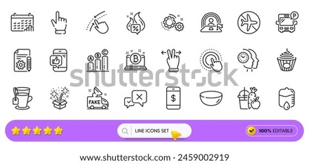 Juice, Documentation and Flight mode line icons for web app. Pack of Cursor, Drop counter, Reject pictogram icons. Swipe up, Click hand, Bus parking signs. Calendar graph, Tea, Pasta. Vector