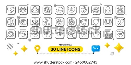 Heartbeat timer, Love ticket and Heart line icons pack. 3d design elements. Lgbt, Genders, Inclusion web icon. Love lock, Friends community, Like button pictogram. Vector