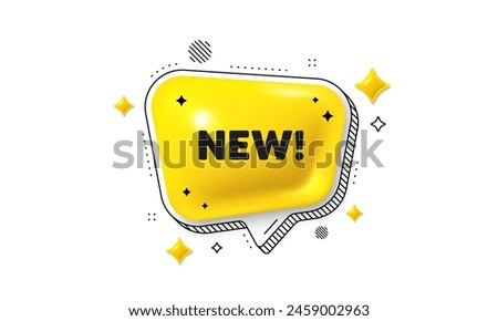 New tag. Chat speech bubble 3d icon. Special offer sign. New arrival symbol. Arrivals chat message. Speech bubble banner with stripes. Yellow text balloon. Vector