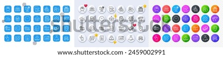 View document, Send box and Work home line icons. Square, Gradient, Pin 3d buttons. AI, QA and map pin icons. Pack of Ceiling lamp, Sunscreen, Online access icon. Vector
