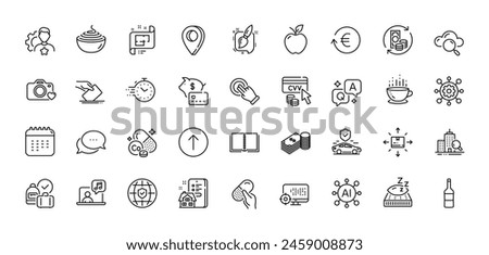 Painting brush, Framework and Swipe up line icons pack. AI, Question and Answer, Map pin icons. Calendar, Transport insurance, Dots message web icon. Vector