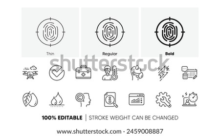 Lightning bolt, Timer and Sick man line icons. Pack of Mineral oil, Thermometer, Account icon. Drone, First aid, Writer pictogram. Verify, Customisation, Search. Waterproof, Fingerprint. Vector