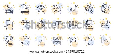 Outline set of Chemistry lab, Mail correspondence and Annual calendar line icons for web app. Include Checked file, Floor plan, Question mark pictogram icons. Time management, Histogram. Vector