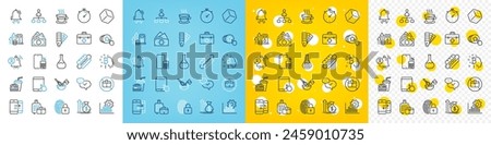 Vector icons set of Timer, Coffee cup and No handbag line icons pack for web with Lock, Chemistry lab, Dice outline icon. Budget, Hotdog, Tablet pc pictogram. User notification. Vector