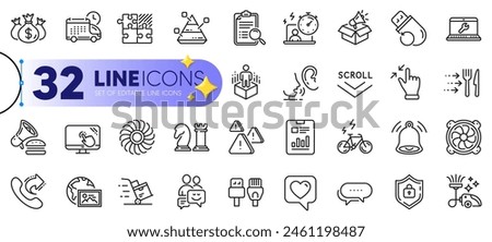Outline set of Report document, Web photo and Attention line icons for web with Vacuum cleaner, Flash memory, Touch screen thin icon. Delivery, Share call, Shield pictogram icon. Vector