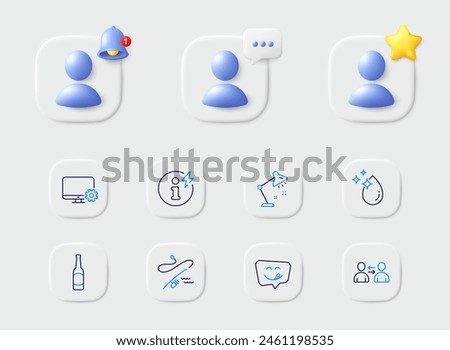 Power info, Communication and Monitor settings line icons. Placeholder with 3d star, reminder bell, chat. Pack of Yummy smile, Fishing rod, Table lamp icon. Water drop, Beer pictogram. Vector